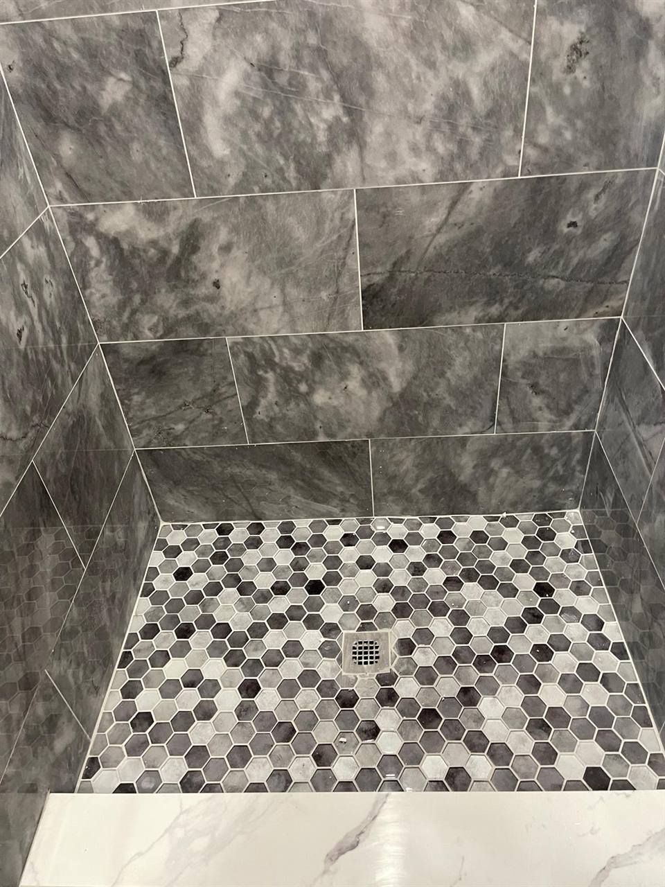 Shower hex floor gray marble