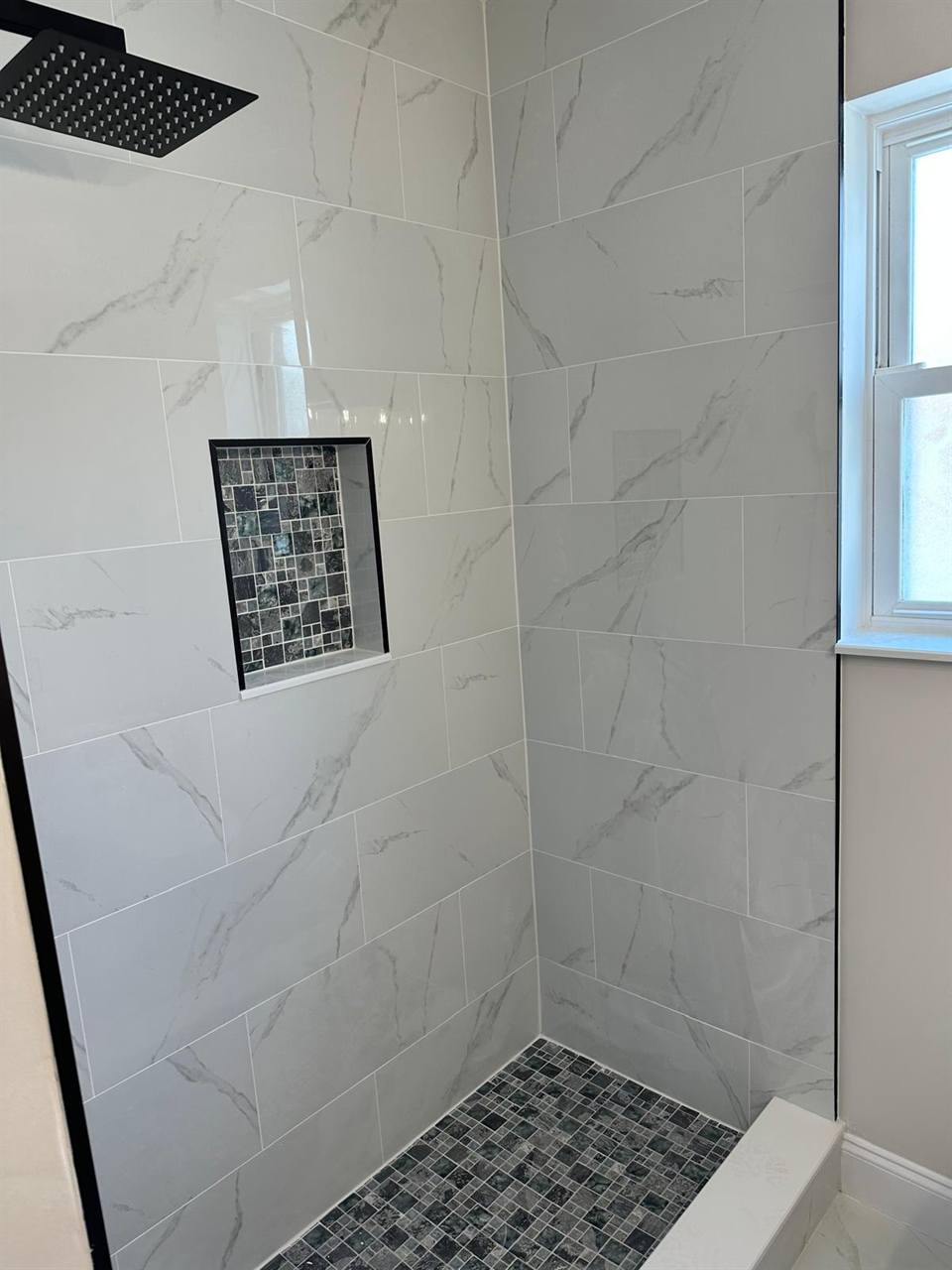 Shower white marble rain head niche