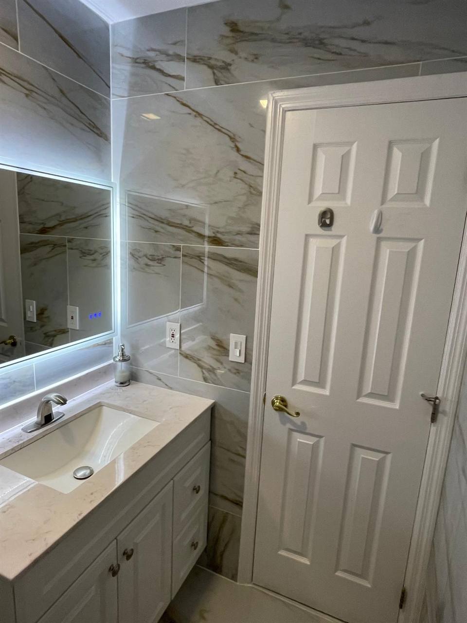 Bathroom white gold marble LED mirror vanity